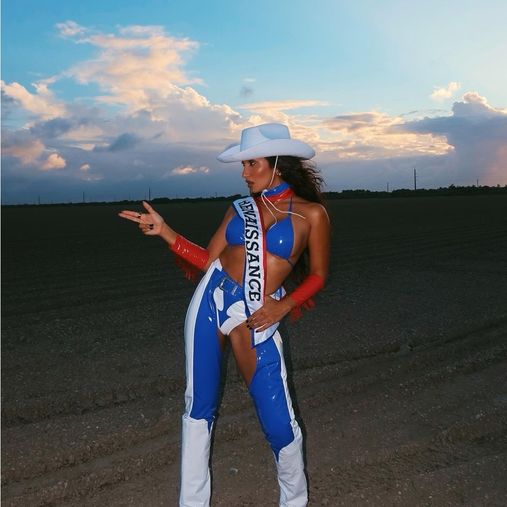 Fashion Nova Blue and White Jumpsuit with Red Accents